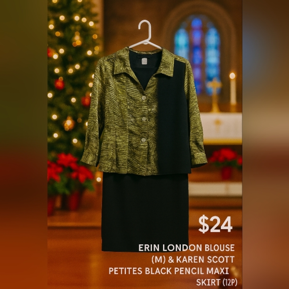 Erin London Blouse (M) & Karen Scott Petites Black Pencil Maxi Skirt (12P)